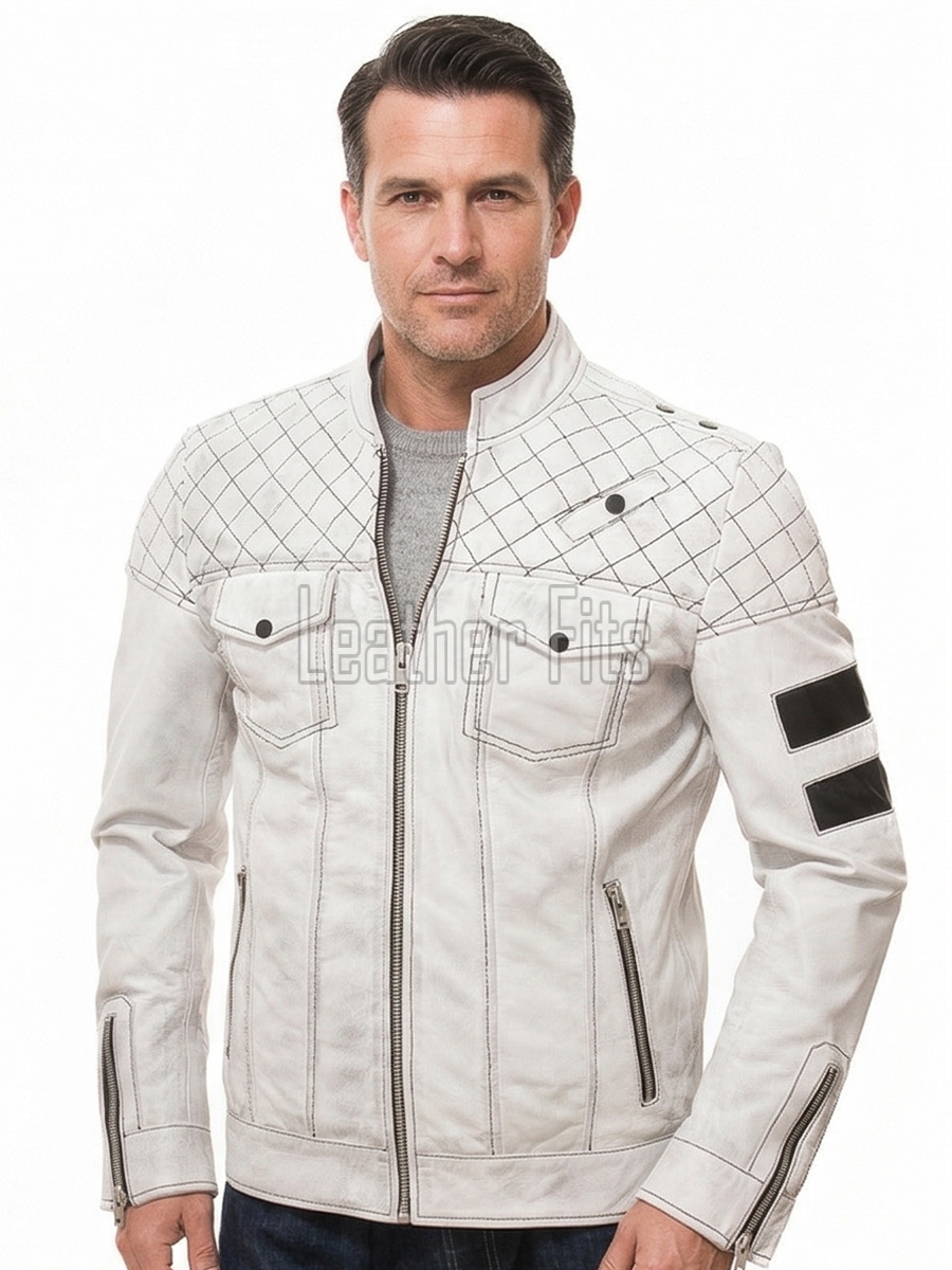 Men Off-White Leather Moto Jacket | Premium Genuine Lambskin Diamond Quilted Biker | Vintage Alabaster Cream Cafe Racer Striped Urban Coat