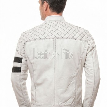 Men Off-White Leather Moto Jacket | Premium Genuine Lambskin Diamond Quilted Biker | Vintage Alabaster Cream Cafe Racer Striped Urban Coat