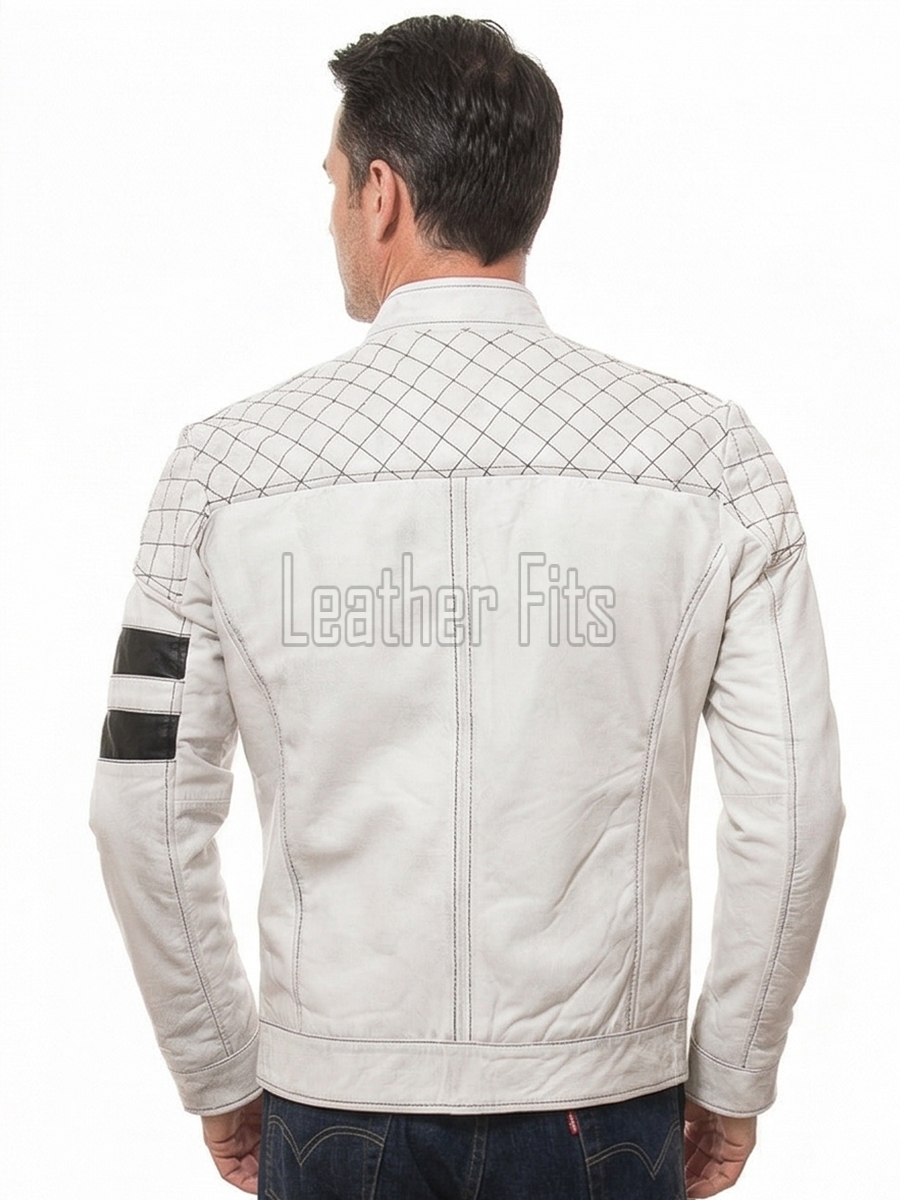 Men Off-White Leather Moto Jacket | Premium Genuine Lambskin Diamond Quilted Biker | Vintage Alabaster Cream Cafe Racer Striped Urban Coat