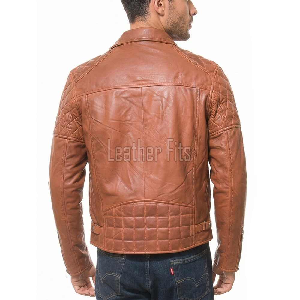 Men Caramel Tan Leather Biker Jacket | Premium Lambskin Asymmetrical Double Rider | Vintage Tobacco Amber Diamond Quilted Luxury Moto Coat