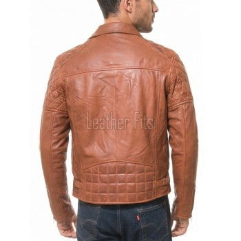 Men Caramel Tan Leather Biker Jacket | Premium Lambskin Asymmetrical Double Rider | Vintage Tobacco Amber Diamond Quilted Luxury Moto Coat
