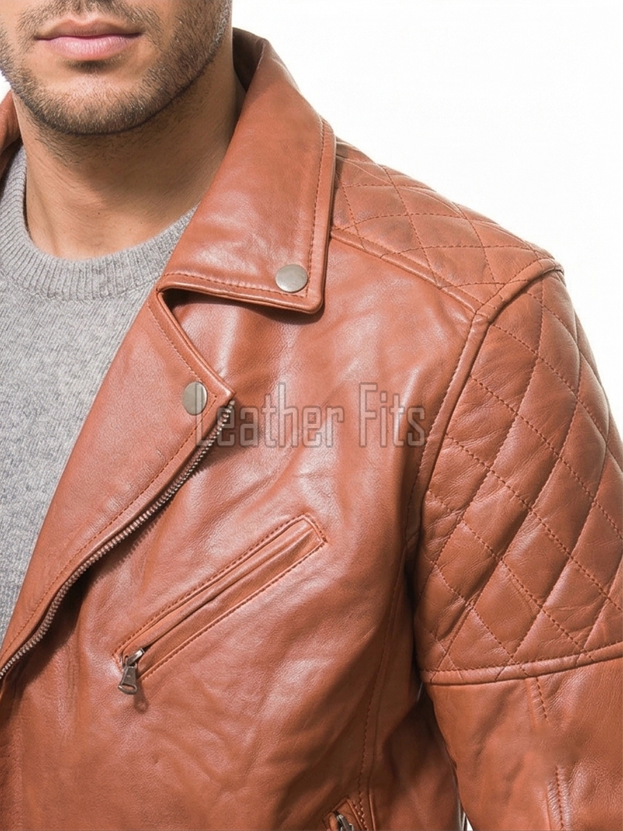 Men Caramel Tan Leather Biker Jacket | Premium Lambskin Asymmetrical Double Rider | Vintage Tobacco Amber Diamond Quilted Luxury Moto Coat