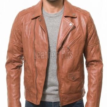 Men Caramel Tan Leather Biker Jacket | Premium Lambskin Asymmetrical Double Rider | Vintage Tobacco Amber Diamond Quilted Luxury Moto Coat