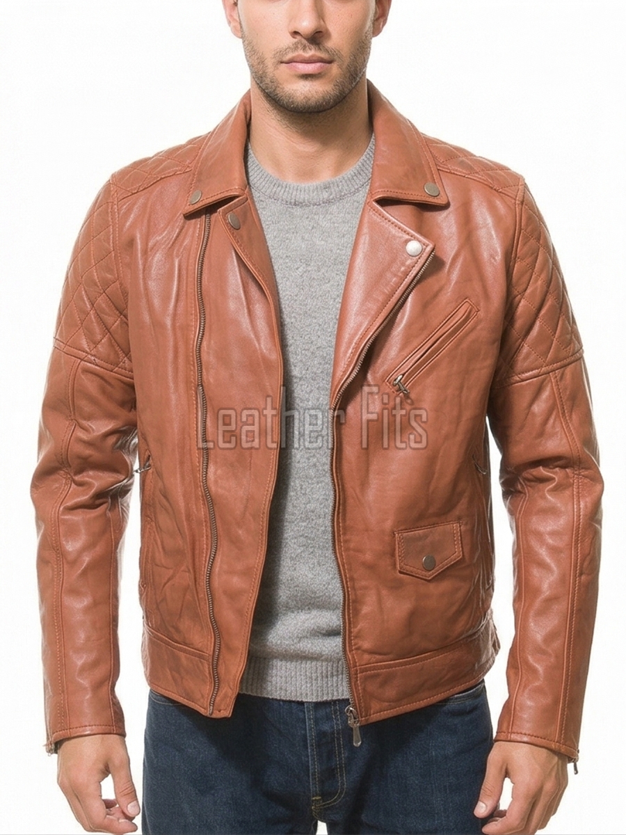 Men Caramel Tan Leather Biker Jacket | Premium Lambskin Asymmetrical Double Rider | Vintage Tobacco Amber Diamond Quilted Luxury Moto Coat