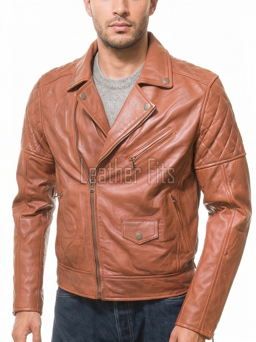 Men Caramel Tan Leather Biker Jacket | Premium Lambskin Asymmetrical Double Rider | Vintage Tobacco Amber Diamond Quilted Luxury Moto Coat