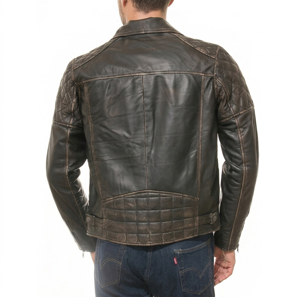 Men Distressed Charcoal Black Leather Biker Jacket | Premium Burnished Lambskin Asymmetrical Double Rider | Vintage Antique Smoked Moto Coat