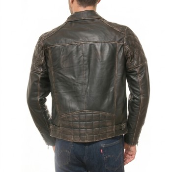 Men Distressed Charcoal Black Leather Biker Jacket | Premium Burnished Lambskin Asymmetrical Double Rider | Vintage Antique Smoked Moto Coat
