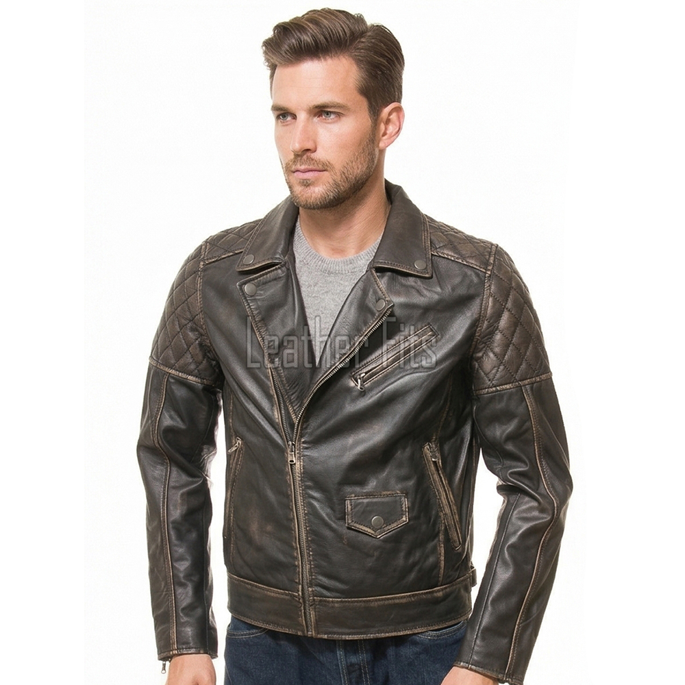 Men Distressed Charcoal Black Leather Biker Jacket | Premium Burnished Lambskin Asymmetrical Double Rider | Vintage Antique Smoked Moto Coat