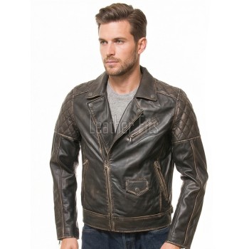 Men Distressed Charcoal Black Leather Biker Jacket | Premium Burnished Lambskin Asymmetrical Double Rider | Vintage Antique Smoked Moto Coat