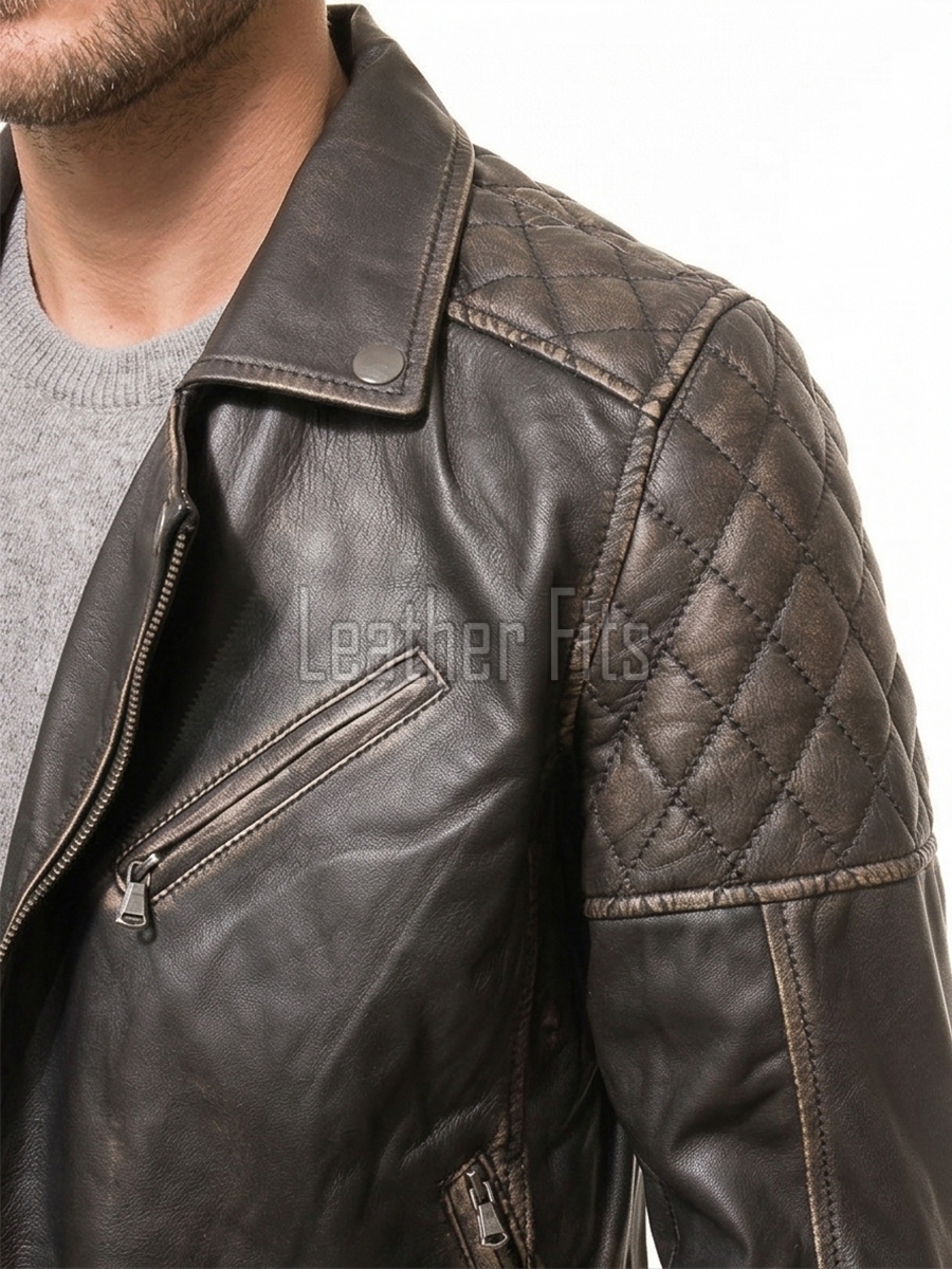 Men Distressed Charcoal Black Leather Biker Jacket | Premium Burnished Lambskin Asymmetrical Double Rider | Vintage Antique Smoked Moto Coat