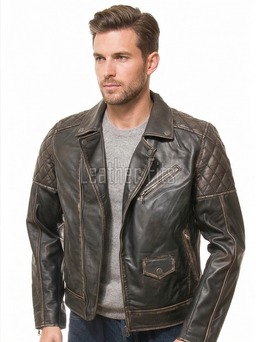 Men Distressed Charcoal Black Leather Biker Jacket | Premium Burnished Lambskin Asymmetrical Double Rider | Vintage Antique Smoked Moto Coat