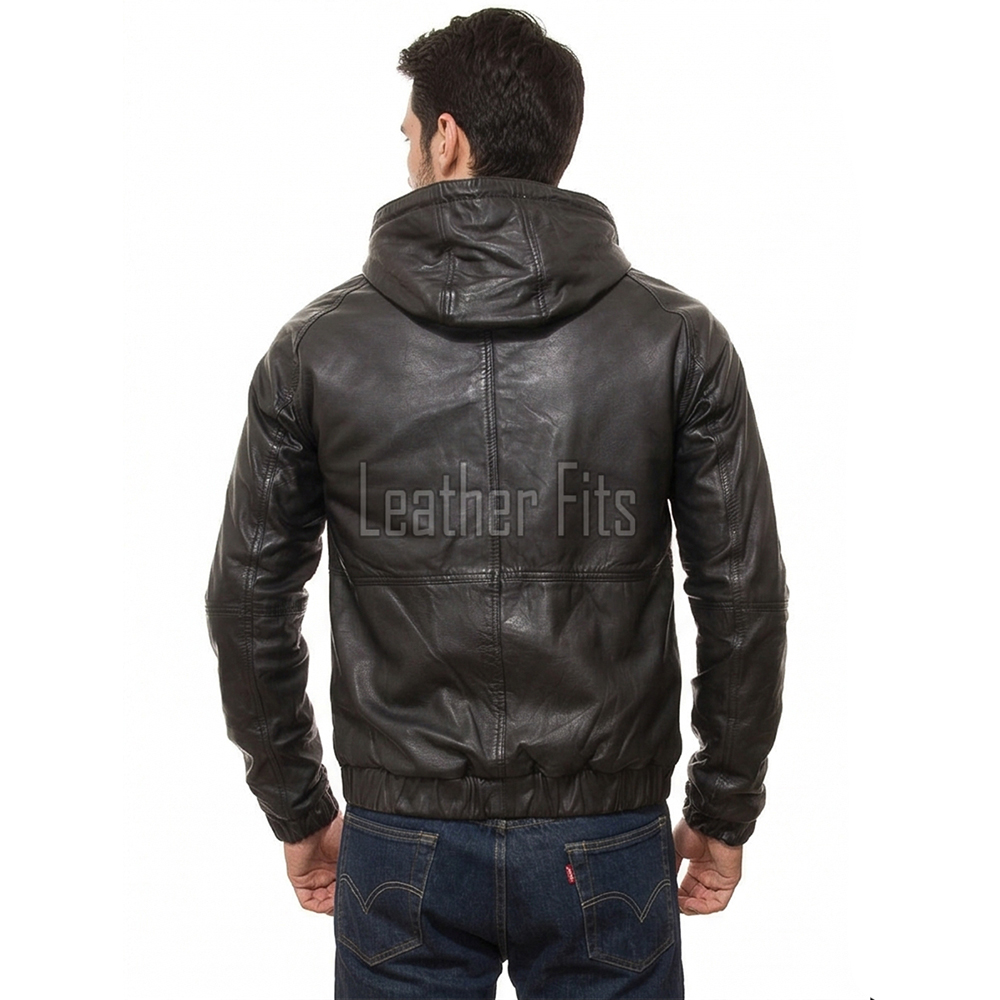 Men Black Leather Hooded Bomber Jacket | Premium Lambskin Casual Urban Hoodie | Modern Matte Onyx Paneled Streetwear Athleisure Blouson Coat