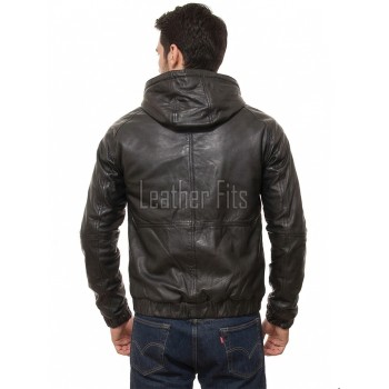 Men Black Leather Hooded Bomber Jacket | Premium Lambskin Casual Urban Hoodie | Modern Matte Onyx Paneled Streetwear Athleisure Blouson Coat