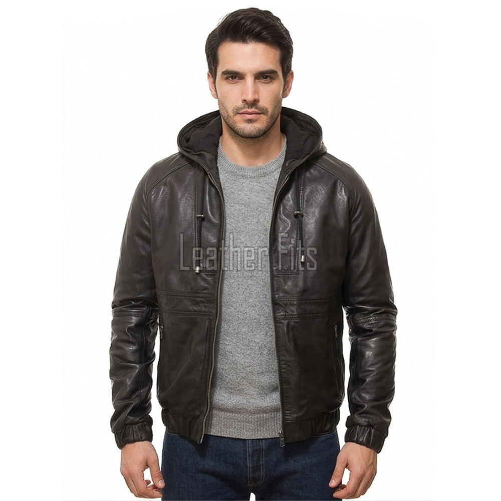 Men Black Leather Hooded Bomber Jacket | Premium Lambskin Casual Urban Hoodie | Modern Matte Onyx Paneled Streetwear Athleisure Blouson Coat