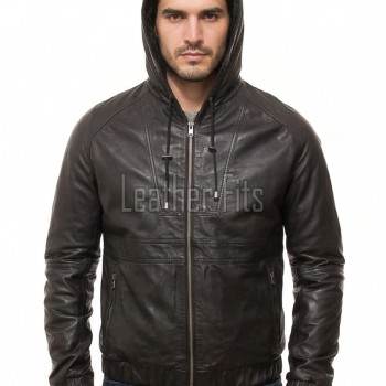 Men Black Leather Hooded Bomber Jacket | Premium Lambskin Casual Urban Hoodie | Modern Matte Onyx Paneled Streetwear Athleisure Blouson Coat