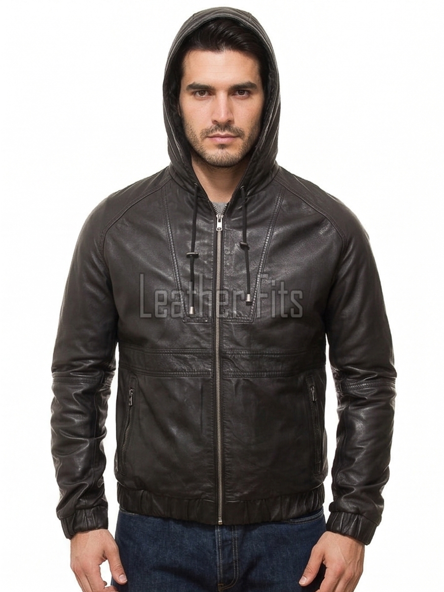 Men Black Leather Hooded Bomber Jacket | Premium Lambskin Casual Urban Hoodie | Modern Matte Onyx Paneled Streetwear Athleisure Blouson Coat