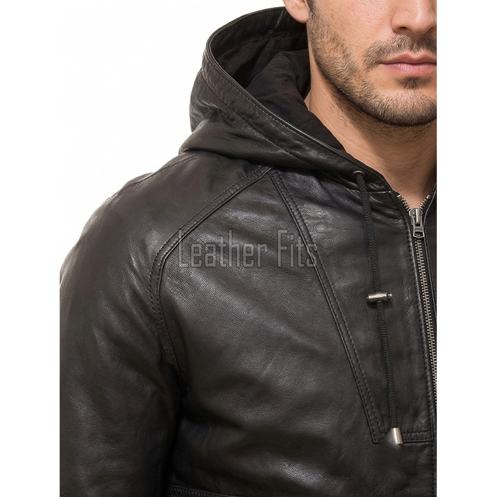Men Black Leather Hooded Bomber Jacket | Premium Lambskin Casual Urban Hoodie | Modern Matte Onyx Paneled Streetwear Athleisure Blouson Coat