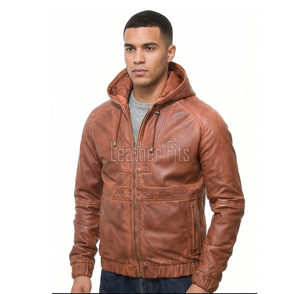 Men Cognac Brown Leather Hooded Bomber Jacket | Premium Lambskin Casual Winter Hoodie | Modern Ginger Tan Paneled Streetwear Athleisure Coat