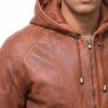 Men Cognac Brown Leather Hooded Bomber Jacket | Premium Lambskin Casual Winter Hoodie | Modern Ginger Tan Paneled Streetwear Athleisure Coat