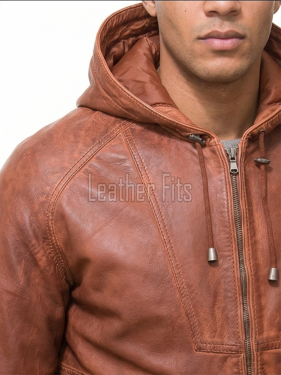 Men Cognac Brown Leather Hooded Bomber Jacket | Premium Lambskin Casual Winter Hoodie | Modern Ginger Tan Paneled Streetwear Athleisure Coat