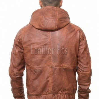 Men Cognac Brown Leather Hooded Bomber Jacket | Premium Lambskin Casual Winter Hoodie | Modern Ginger Tan Paneled Streetwear Athleisure Coat