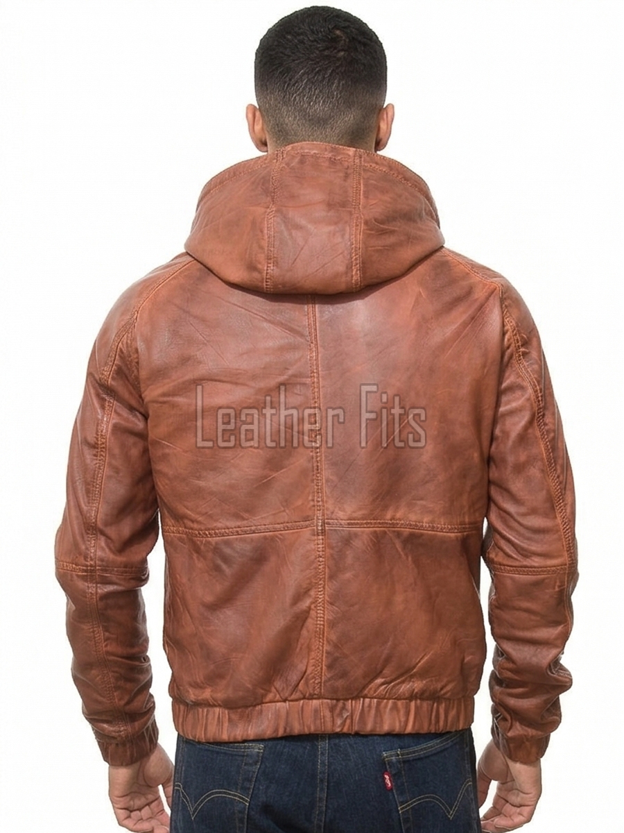 Men Cognac Brown Leather Hooded Bomber Jacket | Premium Lambskin Casual Winter Hoodie | Modern Ginger Tan Paneled Streetwear Athleisure Coat