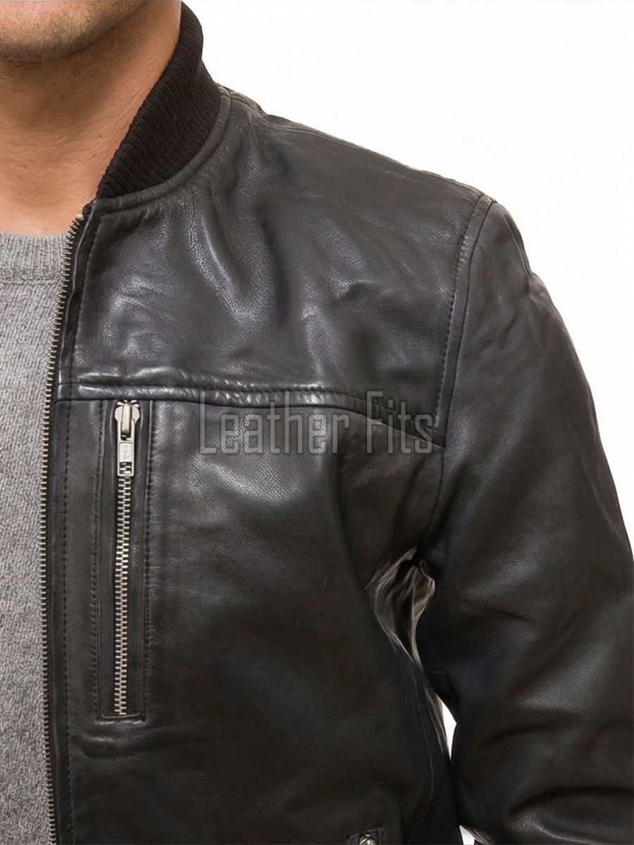 Men Black Leather Bomber Jacket | Premium Lambskin Soft Grain Casual Aviator | Modern Onyx Minimalist Ribbed Knit Streetwear Blouson Coat