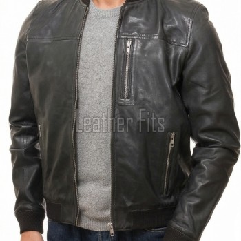 Men Black Leather Bomber Jacket | Premium Lambskin Soft Grain Casual Aviator | Modern Onyx Minimalist Ribbed Knit Streetwear Blouson Coat