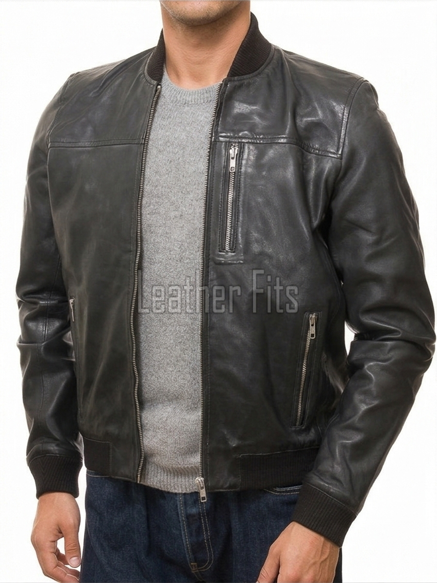 Men Black Leather Bomber Jacket | Premium Lambskin Soft Grain Casual Aviator | Modern Onyx Minimalist Ribbed Knit Streetwear Blouson Coat