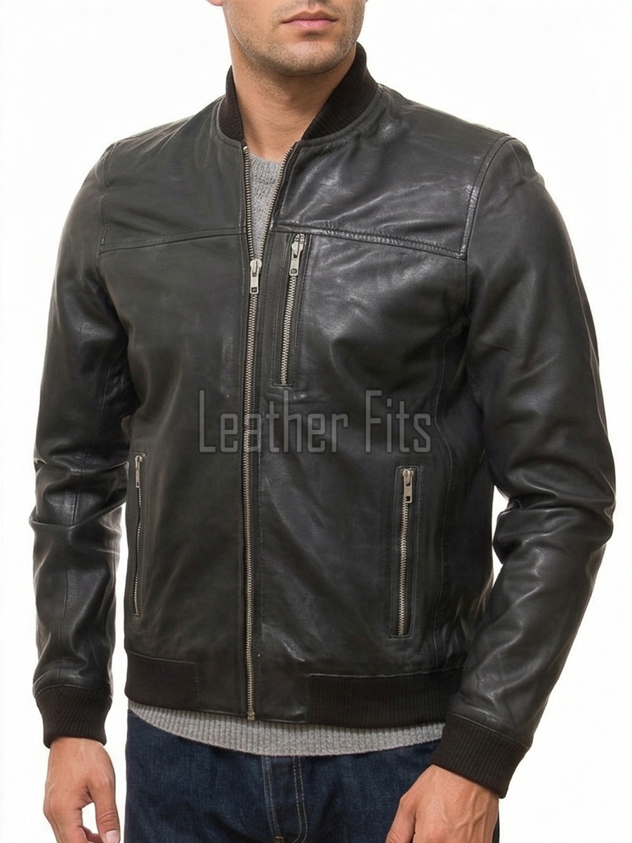 Men Black Leather Bomber Jacket | Premium Lambskin Soft Grain Casual Aviator | Modern Onyx Minimalist Ribbed Knit Streetwear Blouson Coat