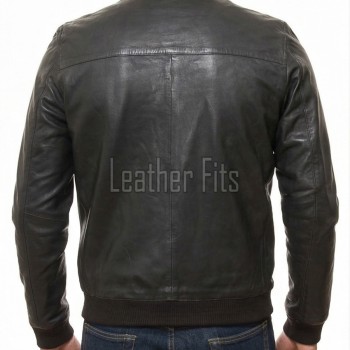 Men Black Leather Bomber Jacket | Premium Lambskin Soft Grain Casual Aviator | Modern Onyx Minimalist Ribbed Knit Streetwear Blouson Coat