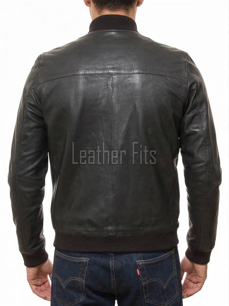 Men Black Leather Bomber Jacket | Premium Lambskin Soft Grain Casual Aviator | Modern Onyx Minimalist Ribbed Knit Streetwear Blouson Coat