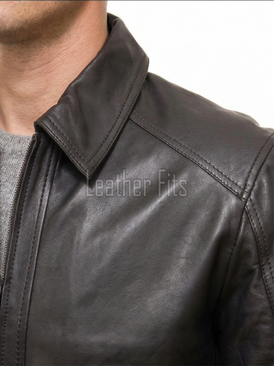 Men Dark Brown Leather Casual Jacket | Premium Lambskin Classic Shirt Collar Winter Coat | Modern Deep Espresso Minimalist Urban Field Blouson