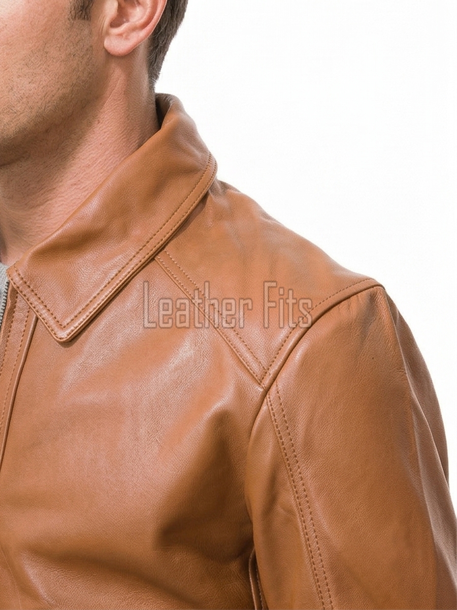 Men Tan Leather Casual Jacket | Premium Lambskin Classic Shirt Collar Winter Coat | Modern Amber Honey Minimalist Urban Field Blouson