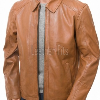 Men Tan Leather Casual Jacket | Premium Lambskin Classic Shirt Collar Winter Coat | Modern Amber Honey Minimalist Urban Field Blouson