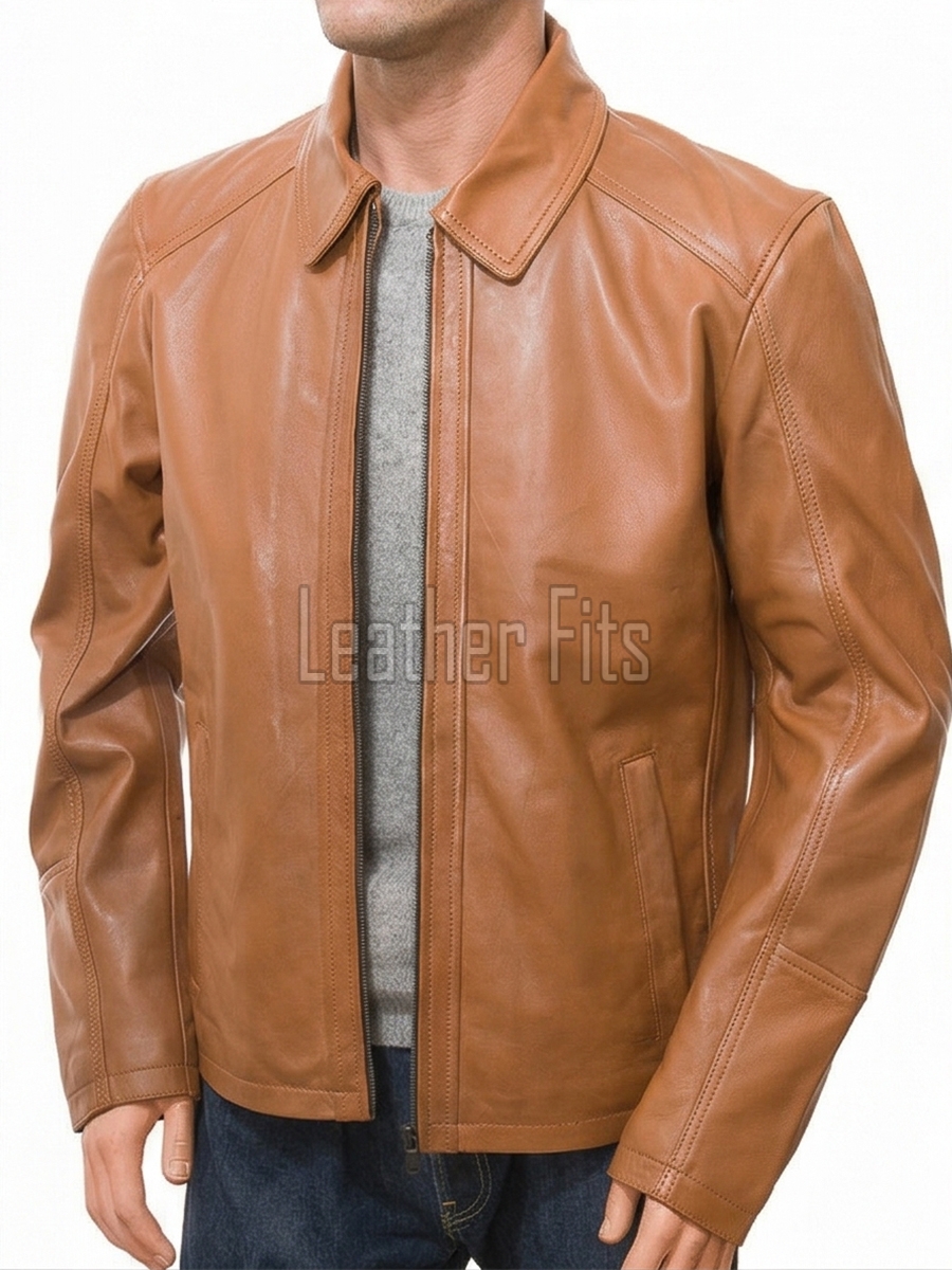 Men Tan Leather Casual Jacket | Premium Lambskin Classic Shirt Collar Winter Coat | Modern Amber Honey Minimalist Urban Field Blouson