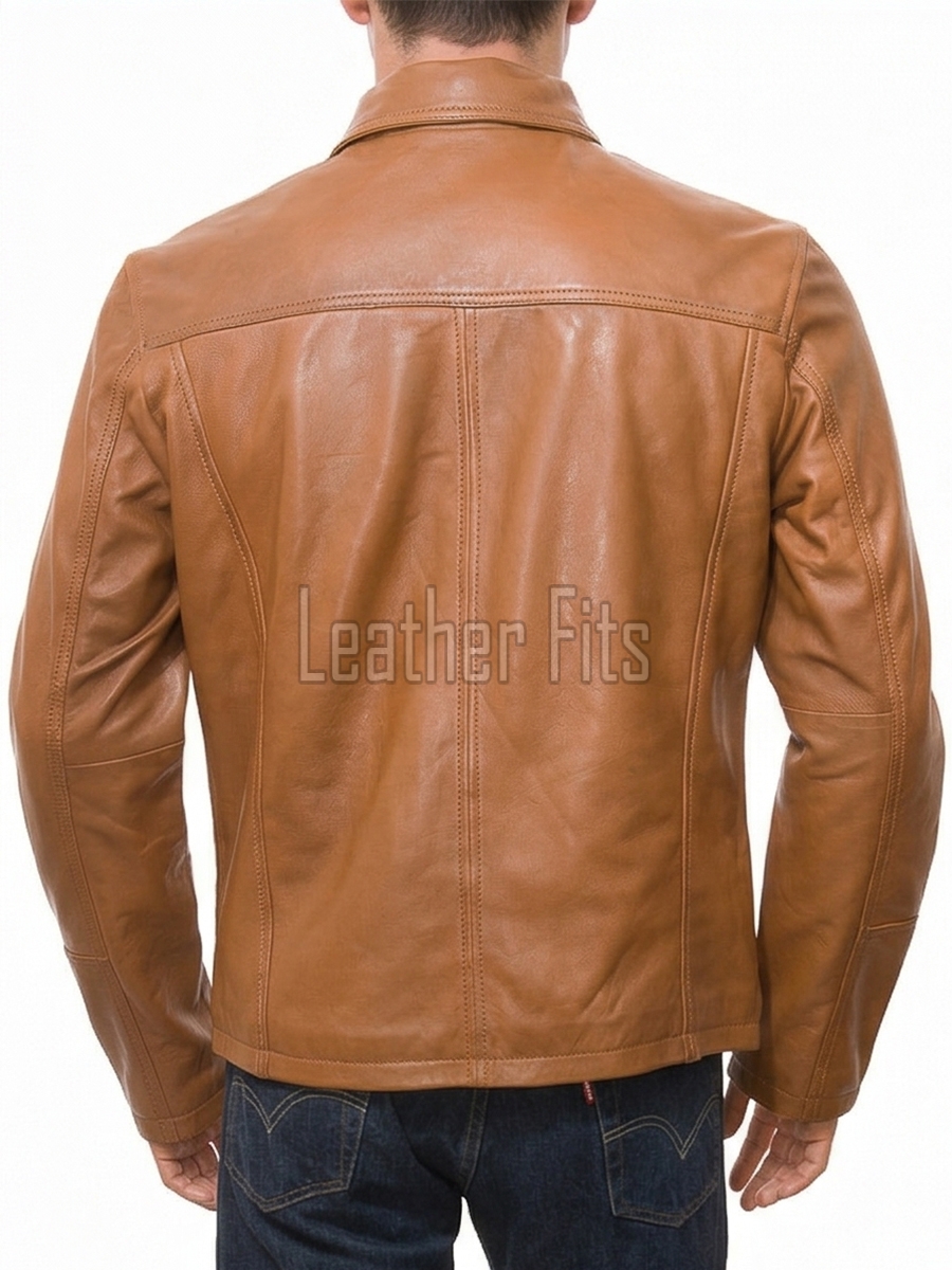 Men Tan Leather Casual Jacket | Premium Lambskin Classic Shirt Collar Winter Coat | Modern Amber Honey Minimalist Urban Field Blouson