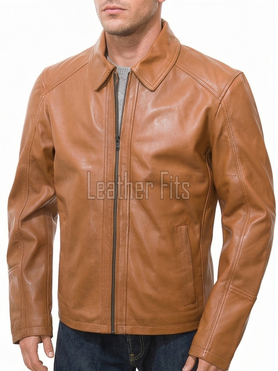 Men Tan Leather Casual Jacket | Premium Lambskin Classic Shirt Collar Winter Coat | Modern Amber Honey Minimalist Urban Field Blouson