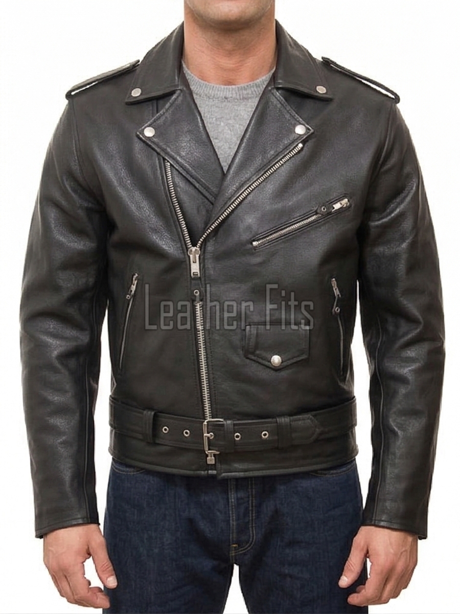 Men Black Leather Fringed Biker Jacket | Premium Cowhide Vintage Rocker Moto Coat | Modern Western Asymmetric Belted Rider Outerwear
