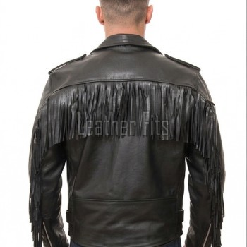Men Black Leather Fringed Biker Jacket | Premium Cowhide Vintage Rocker Moto Coat | Modern Western Asymmetric Belted Rider Outerwear