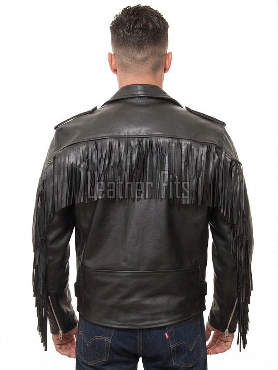 Men Black Leather Fringed Biker Jacket | Premium Cowhide Vintage Rocker Moto Coat | Modern Western Asymmetric Belted Rider Outerwear