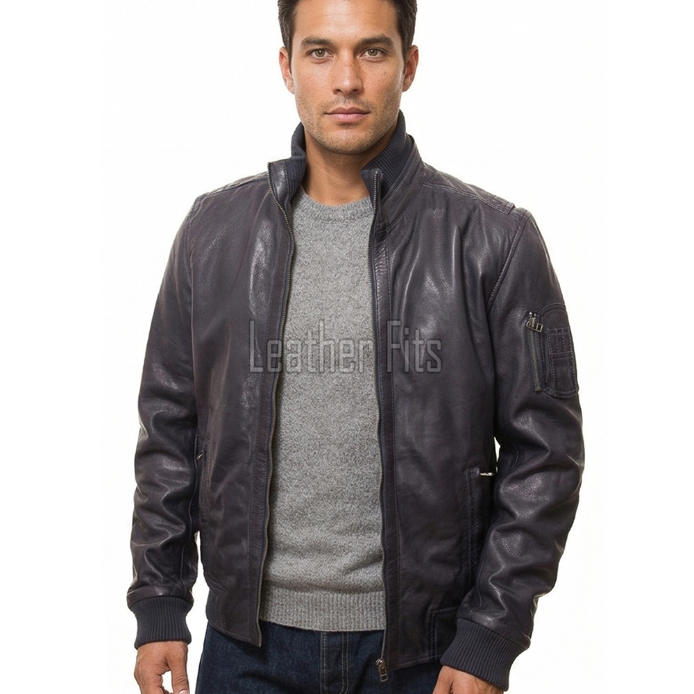 Men Dark Slate Blue Leather Bomber Jacket | Premium Lambskin Hybrid Dual Collar Aviator | Charcoal Navy Tactical Utility Arm Pocket Blouson