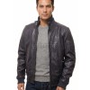 Men Dark Slate Blue Leather Bomber Jacket | Premium Lambskin Hybrid Dual Collar Aviator | Charcoal Navy Tactical Utility Arm Pocket Blouson
