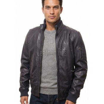 Men Dark Slate Blue Leather Bomber Jacket | Premium Lambskin Hybrid Dual Collar Aviator | Charcoal Navy Tactical Utility Arm Pocket Blouson