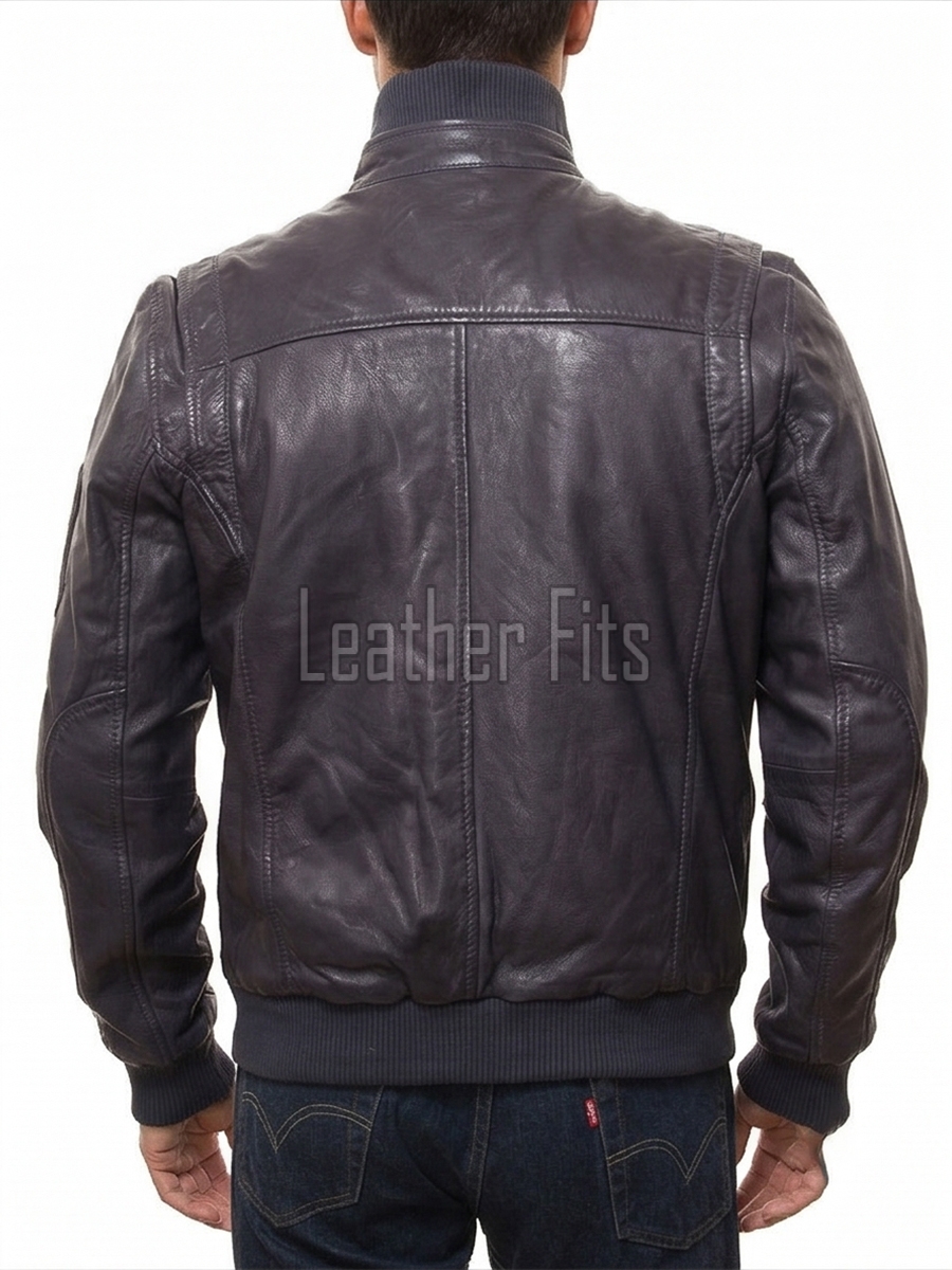 Men Dark Slate Blue Leather Bomber Jacket | Premium Lambskin Hybrid Dual Collar Aviator | Charcoal Navy Tactical Utility Arm Pocket Blouson