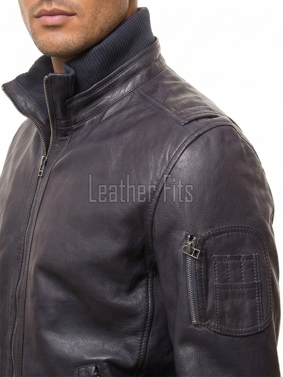 Men Dark Slate Blue Leather Bomber Jacket | Premium Lambskin Hybrid Dual Collar Aviator | Charcoal Navy Tactical Utility Arm Pocket Blouson