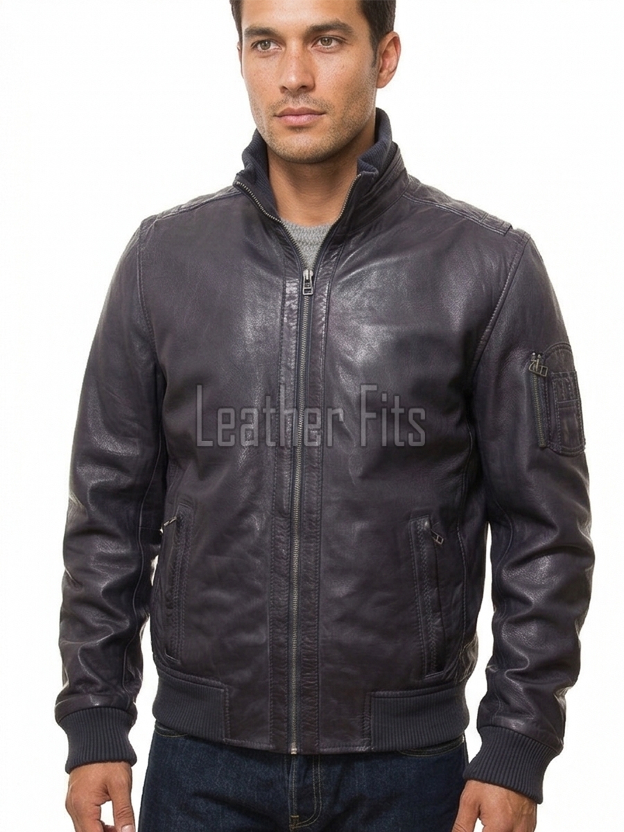 Men Dark Slate Blue Leather Bomber Jacket | Premium Lambskin Hybrid Dual Collar Aviator | Charcoal Navy Tactical Utility Arm Pocket Blouson