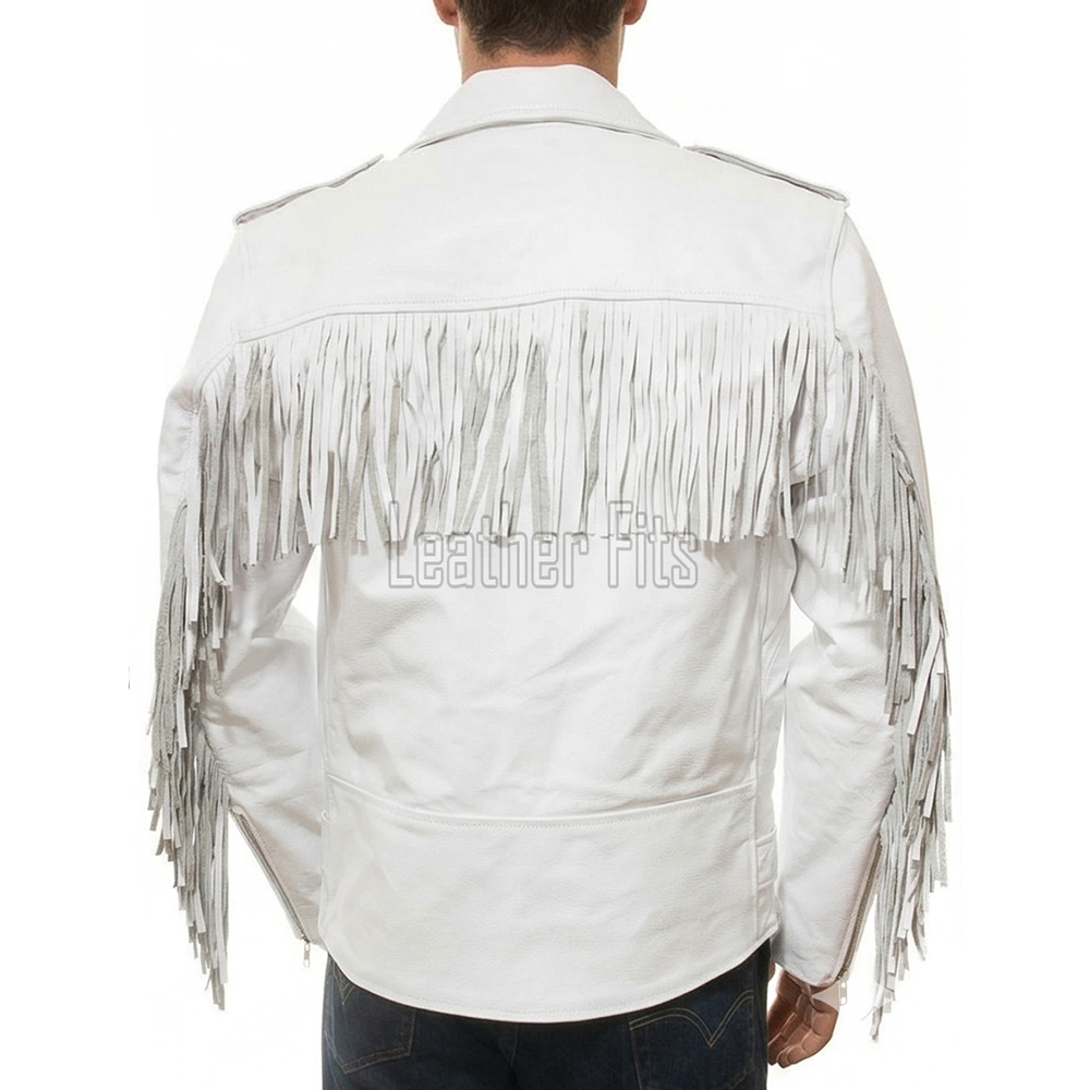 Men White Leather Fringed Biker Jacket | Premium Cowhide Luxury Rocker Moto Coat | Modern Western Alabaster Asymmetric Belted Rider Blouson