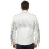 Men White Leather Fringed Biker Jacket | Premium Cowhide Luxury Rocker Moto Coat | Modern Western Alabaster Asymmetric Belted Rider Blouson