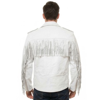 Men White Leather Fringed Biker Jacket | Premium Cowhide Luxury Rocker Moto Coat | Modern Western Alabaster Asymmetric Belted Rider Blouson